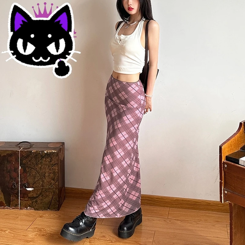 2025 misa hot sale Pink Rhomboid Plaid Skirt Retro Grunge Y2k Straight Skirt High Waist Summer Casual Women Long Skirt Sweet Cut