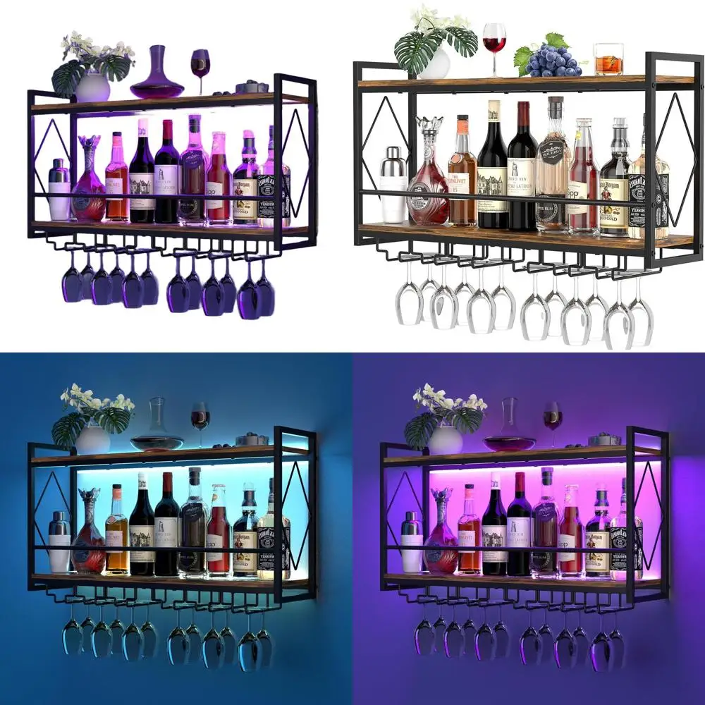 

Настенная винная полка с LED-подсветкой, металлические полки для алкоголя 31,5 дюйма с держателями для стаканов, стеллаж для демонстрации напитков для кухни и домашнего бара