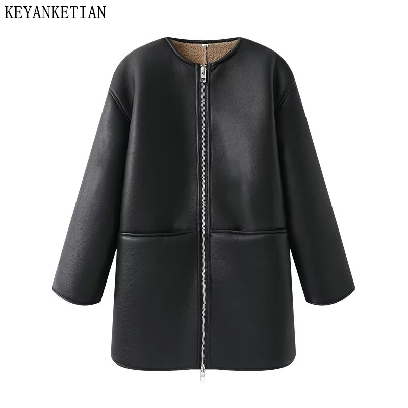KEYANKETIAN Winter New Women's Round Neck Zipper Curled Edge Splicing Long Sleeve Fleece Imitation Leather Jacket Women Coat