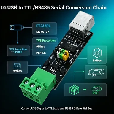 USB 2.0 to RS485 TTL Serial Converter FT232RL, SN75176 Bidirectional, 9.2Mbps, 32 Devices