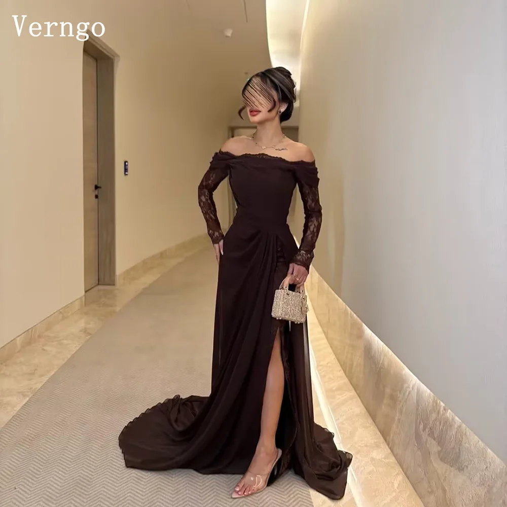 Verngo Brown Crepe Evening Dress Off The Shoulder Mermaid Prom Party Dresses Sexy Side Slit Arabic Eid Prom Gowns Customized