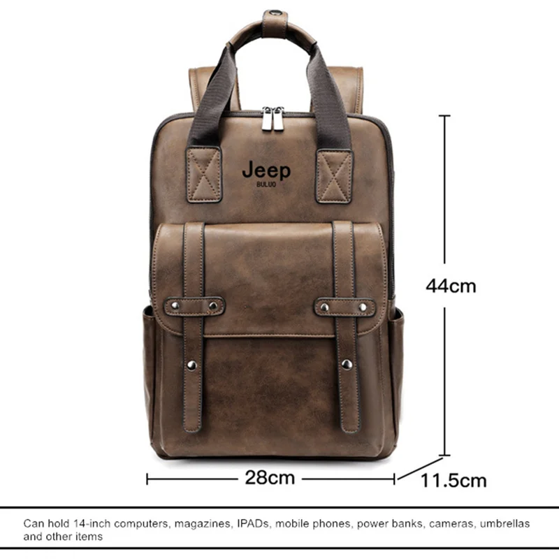 JEEP BULUO-Mochila de Couro Impermeável para Homens e Mulheres, Bolsa de Escola Vintage, Laptop, Exterior, Esportes, Casual, Viagem, Split, 14\