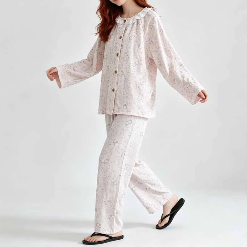 Autumn New Cute Floral Print Pajamas Set 100% Cotton Ruffle Trim Crew Neck Homewear Pijamas Suit Comfy Chemise Loose Nightwear