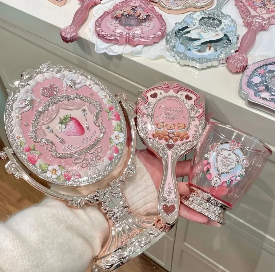 Flower Know Portable Rococo Hand Mirror Violet Strawberry Design Vanity Makeup Mirror with Handle for Personal Beauty Care