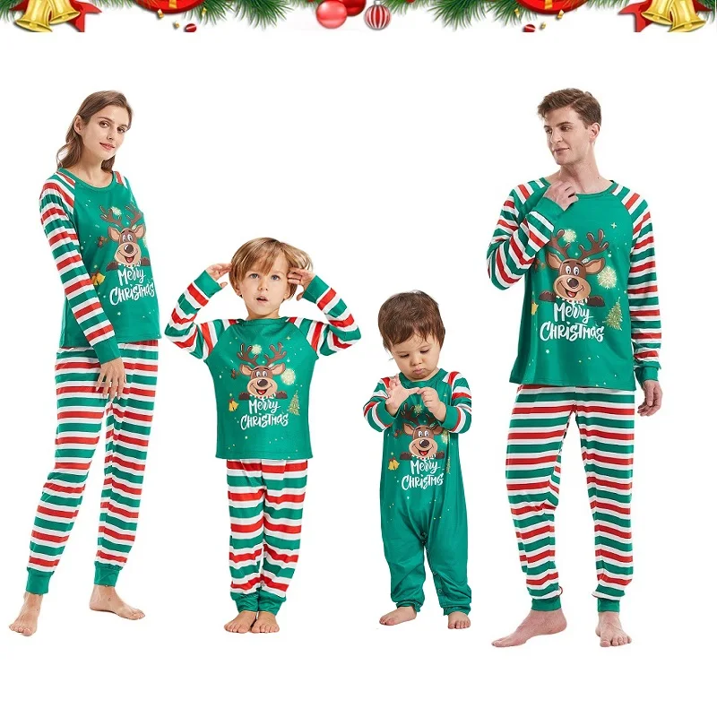 2024 Christmas Matching Family Pajamas Set Letter Print Xmas Outfit Father Mother Kid Deer Top+Stripe Pants Jammies Baby Romper