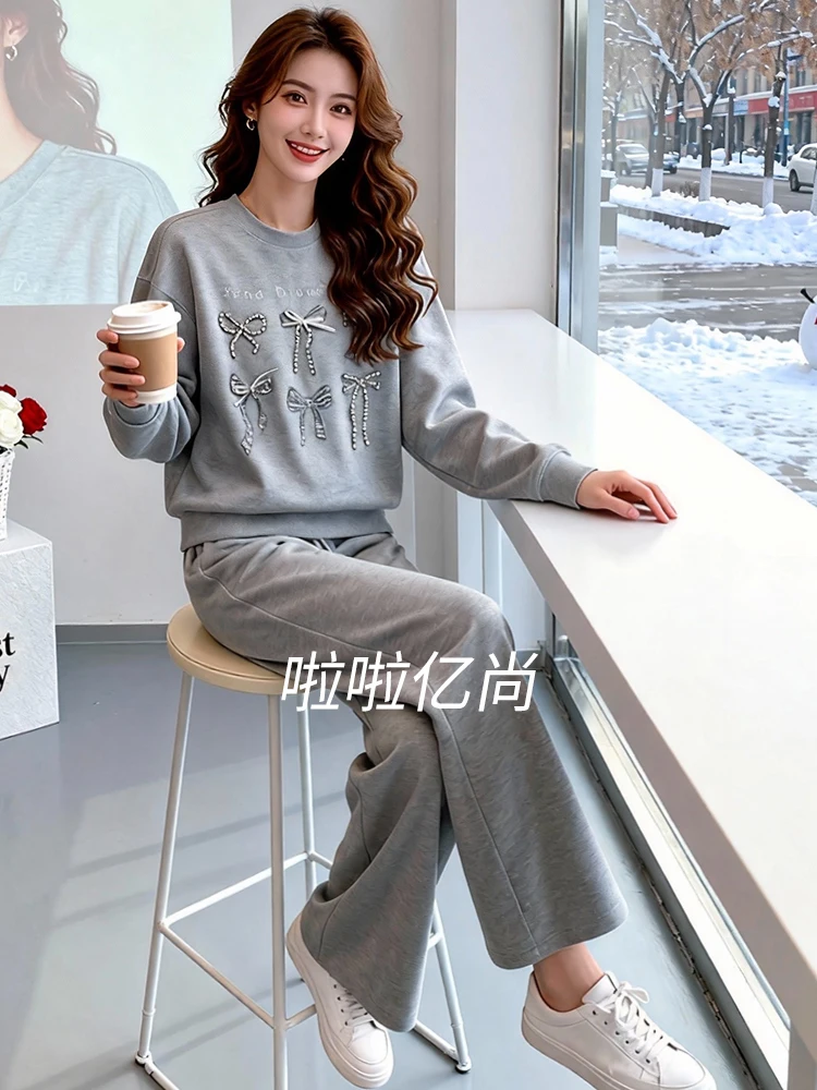Thickened Fleece Casual Sportswear Set Women's Spring New Style Youthful Grey Sweatshirt Wide Leg Pants Two Piece Set view 3