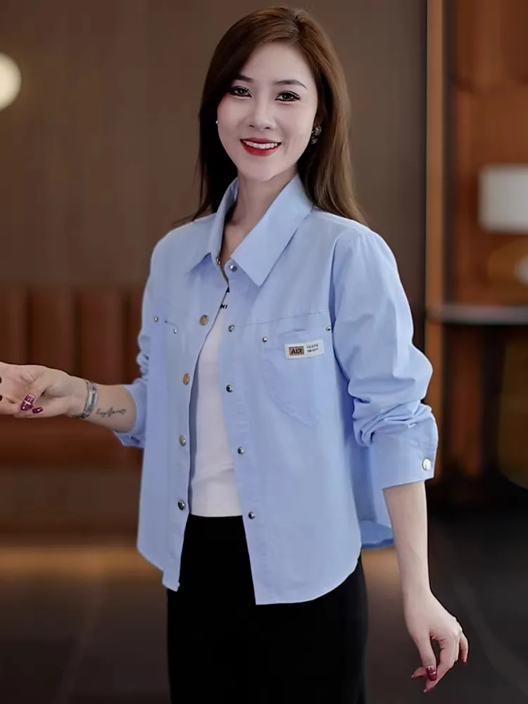 

Fashionable Short Casual Shirt Women's Spring Autumn Slimming Top Trendy Outerwear Ladylike Style Long Sleeve Collar