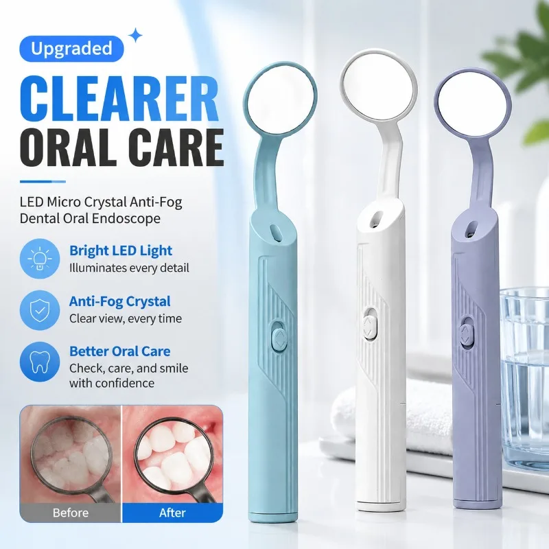 LED Microcrystal Anti-Fog Dental Mirror Built-in Light Intraoral Teeth Endoscope Clear Oral Inspection Tool Professional Dentist