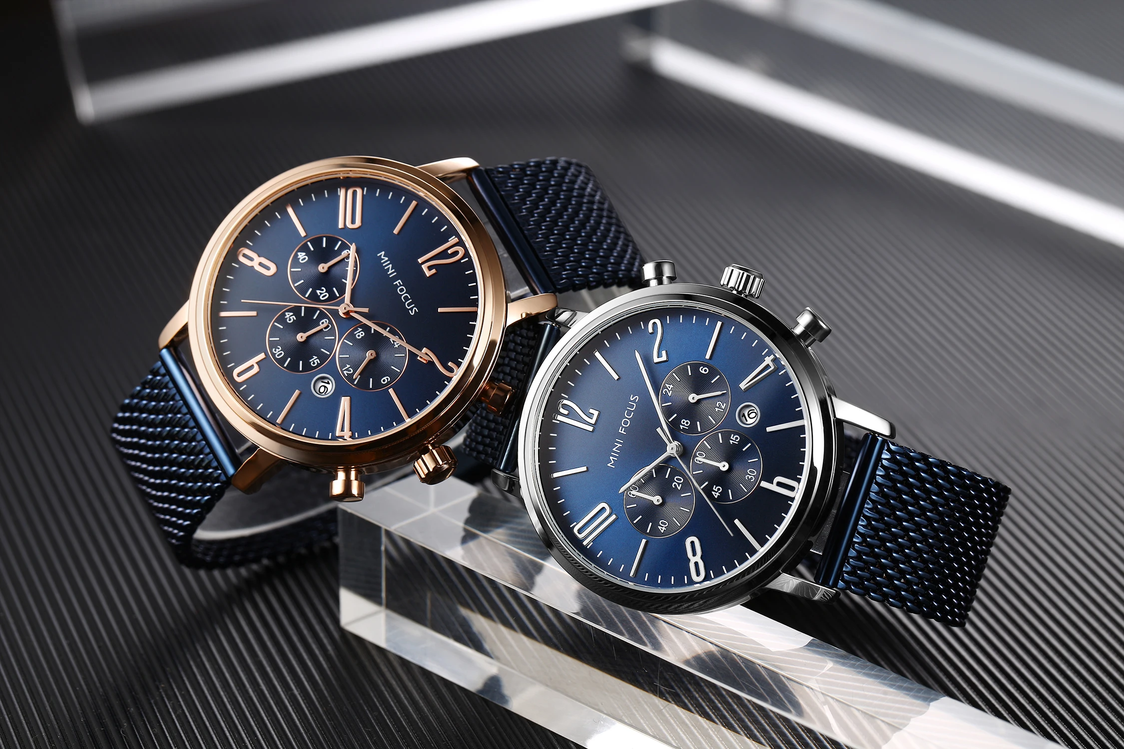 Mini Focus MF0183G Orologio da polso multifunzione Maglia blu Cinturino in acciaio inossidabile Cronografo impermeabile Orologi al quarzo da uomo di moda