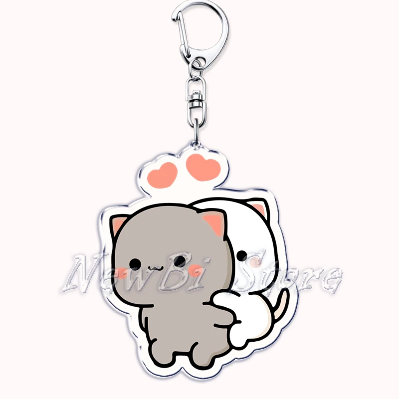 Cute Cartoon Peach and Goma Couple Cat Acrylic Keychains Ring for Accessories Bag Pendant Key Chain Jewelry Fans Lovers Gifts