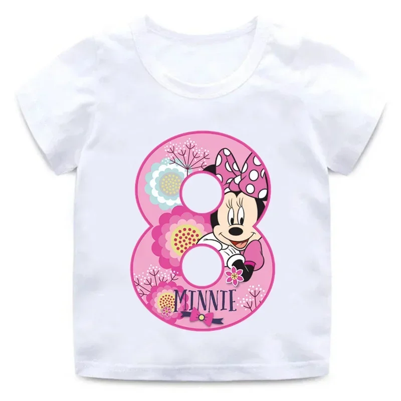 New Minnie Mouse Birthday Number Print Children T-Shirt Kawaii Tees Tops Girls T Shirt Anime Cartoons Casual Kid Summer Clothing