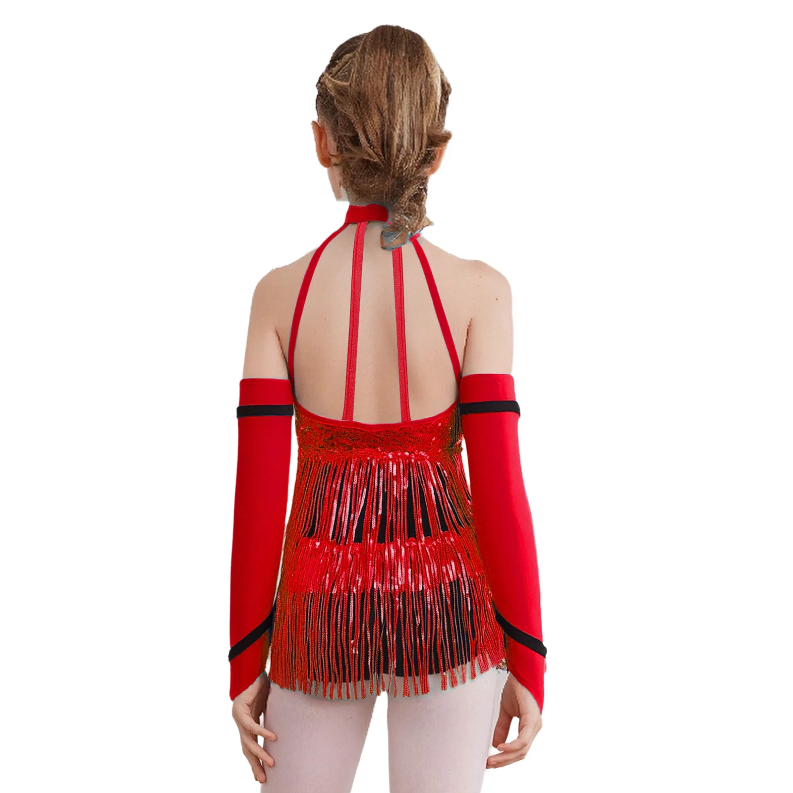 Kids Girls Latin Jazz Salsa Dance Jumpsuit Halter Sleeveless Sequin Tassel Leotard with Gloves Tango Samba Ballroom Dancewear