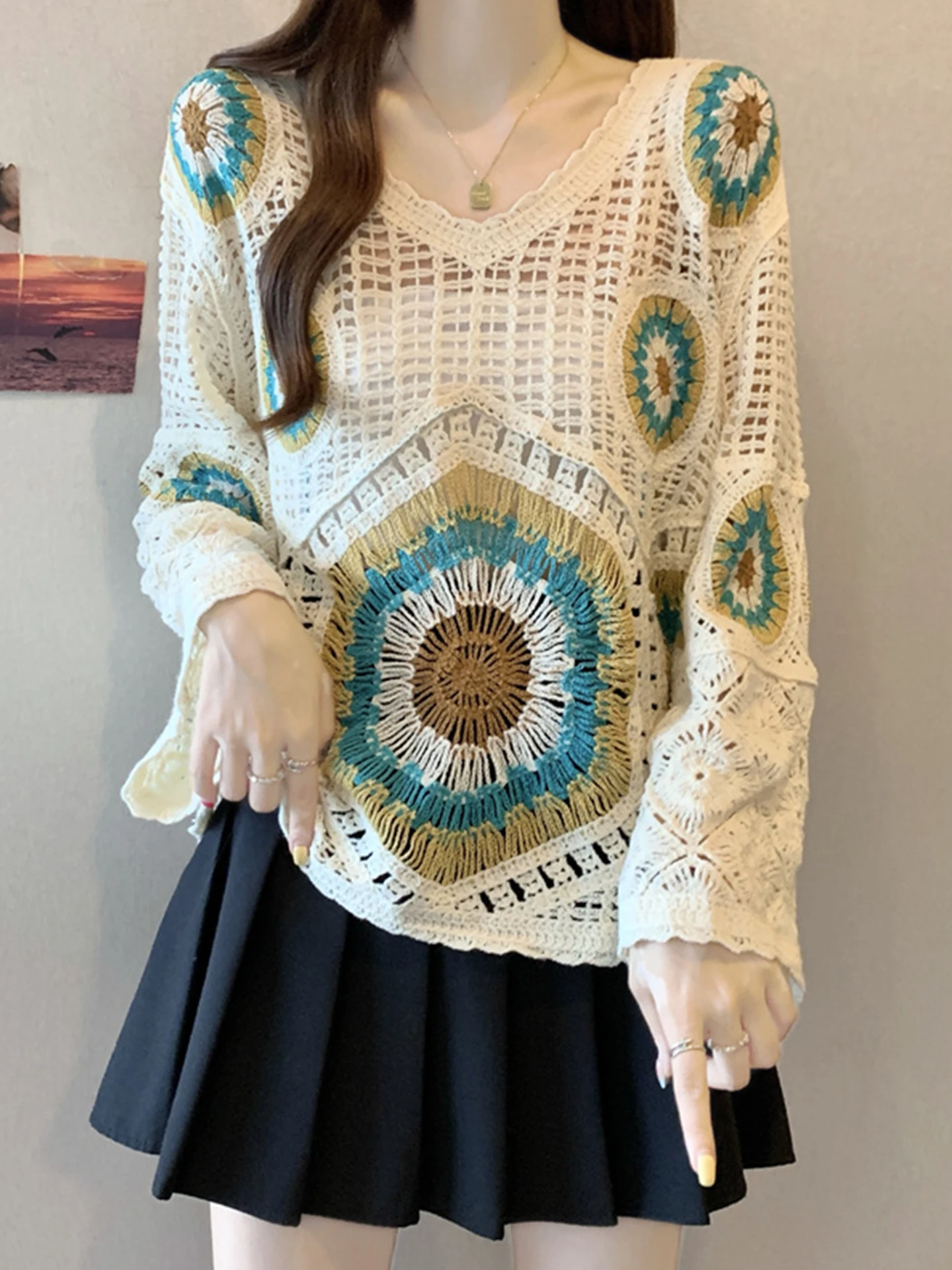 

N Long Sve вязаный ажурный дизайн женский топ повседневный свободный крой V-Ne дышащая удобная верхняя одежда Jaet