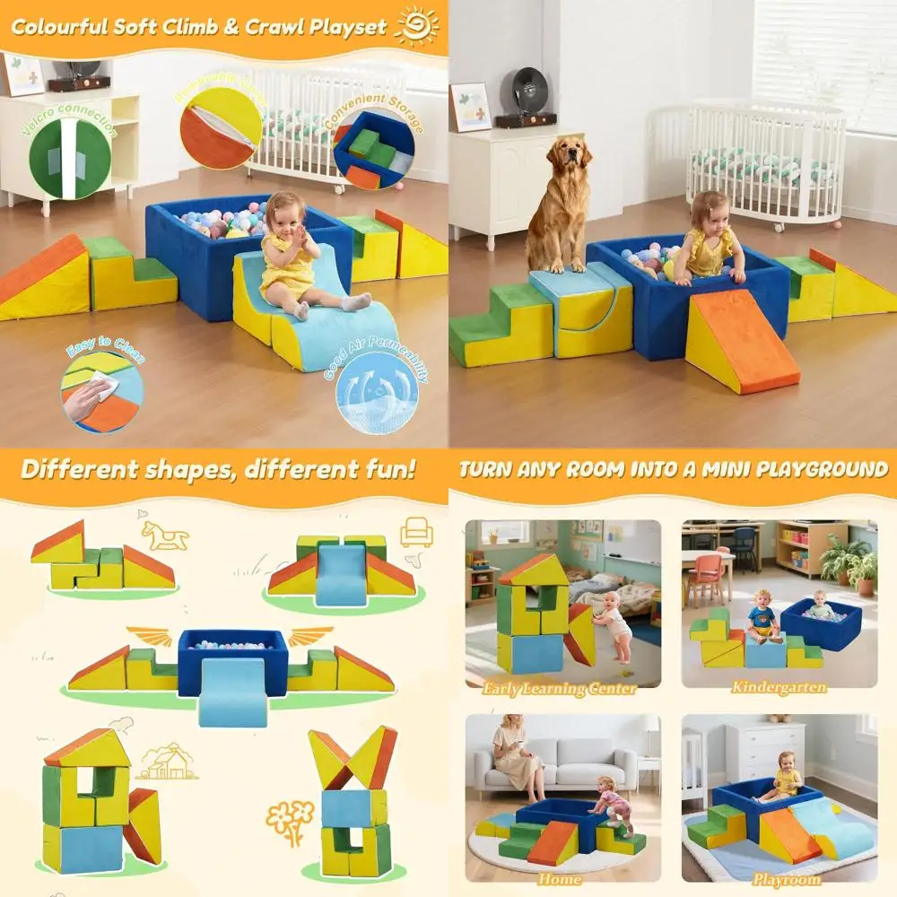 บล็อกโฟมนุ่มหลากสี 6 ชิ้น พร้อมบ่อบอลสำหรับเด็กเล็ก ชุดสนามเด็กเล่นในร่มเพื่อพัฒนาการเด็ก (ไม่รวมลูกบอล)