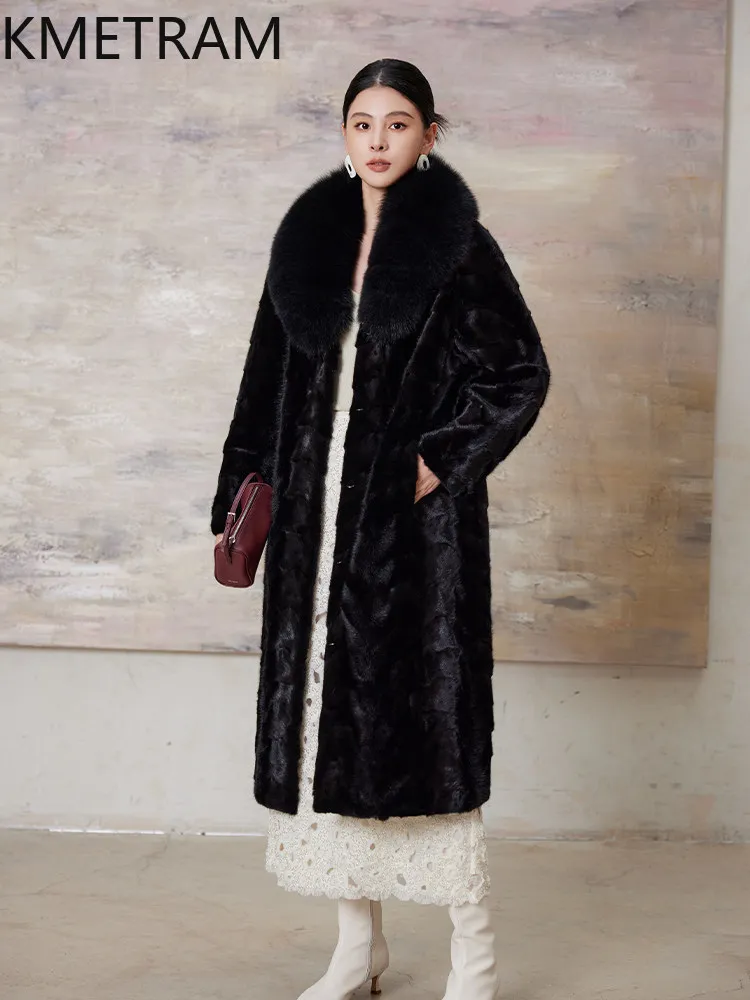 KMETRAM-Chaqueta de piel de visón 100% Natural para mujer, abrigo largo de piel de visón auténtica con cuello de zorro a la moda, ropa de invierno para mujer 2026