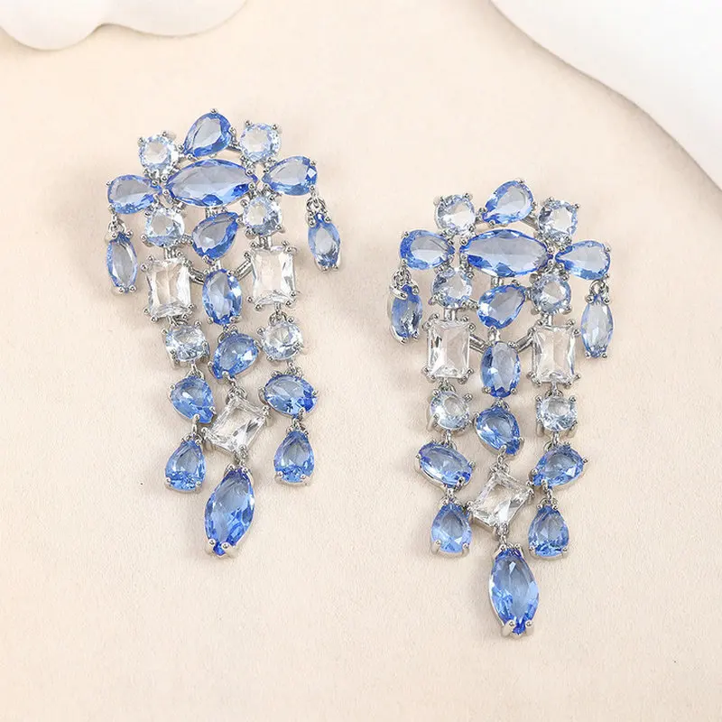 Bilincolor Fashion Clear Blue Cubic Zirconia Tassel Earring for Women