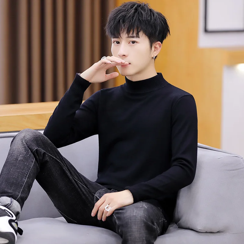 

Мужской вязаный свитер с высоким воротником Mid-Ne Slim Fit Base irt Pure Bla Casual Faion Осень Зима Универсальный M Ap...