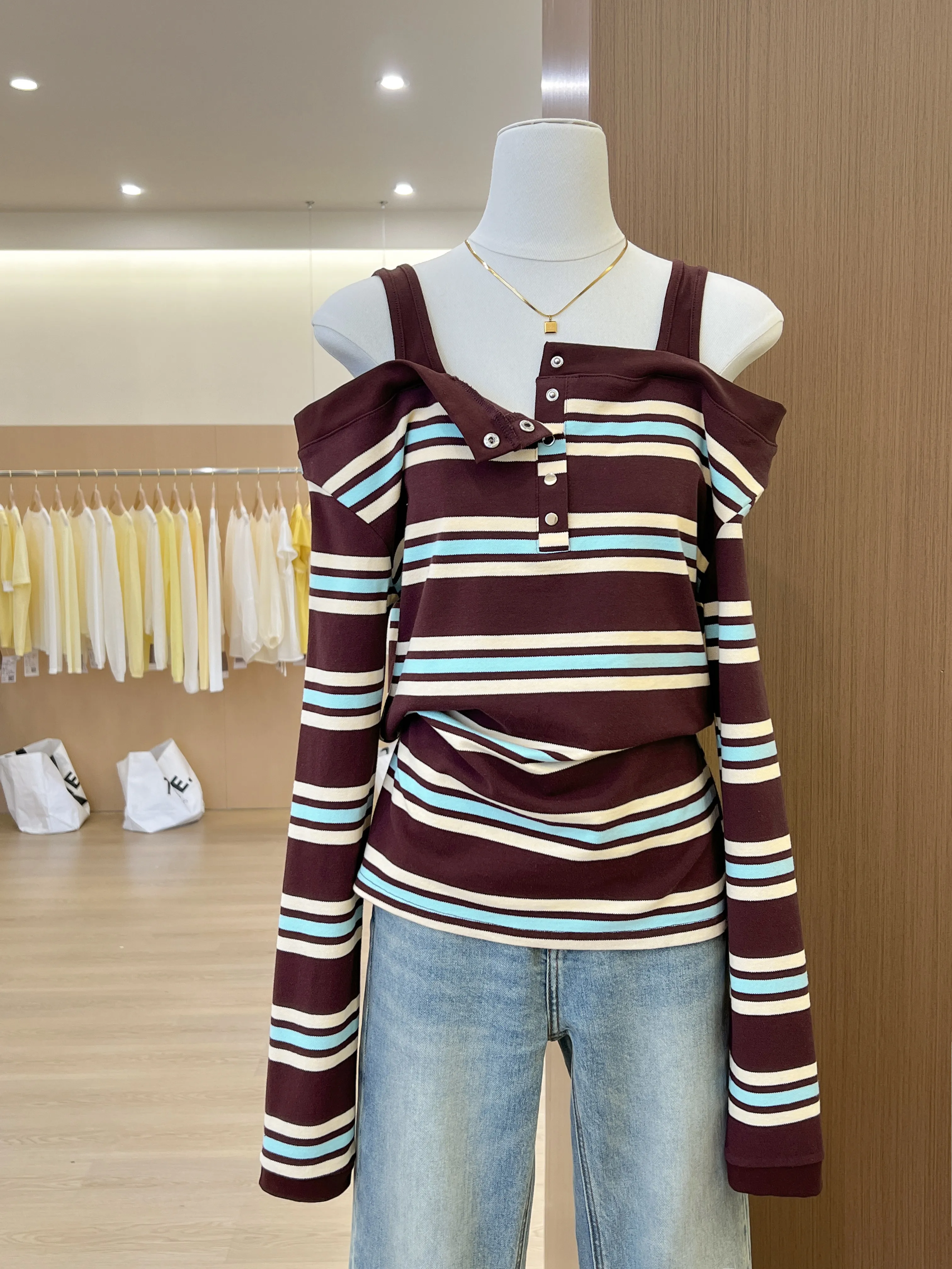 

2025 Autumn New Women's Strap One Collar Striped T-shirt, Long Top