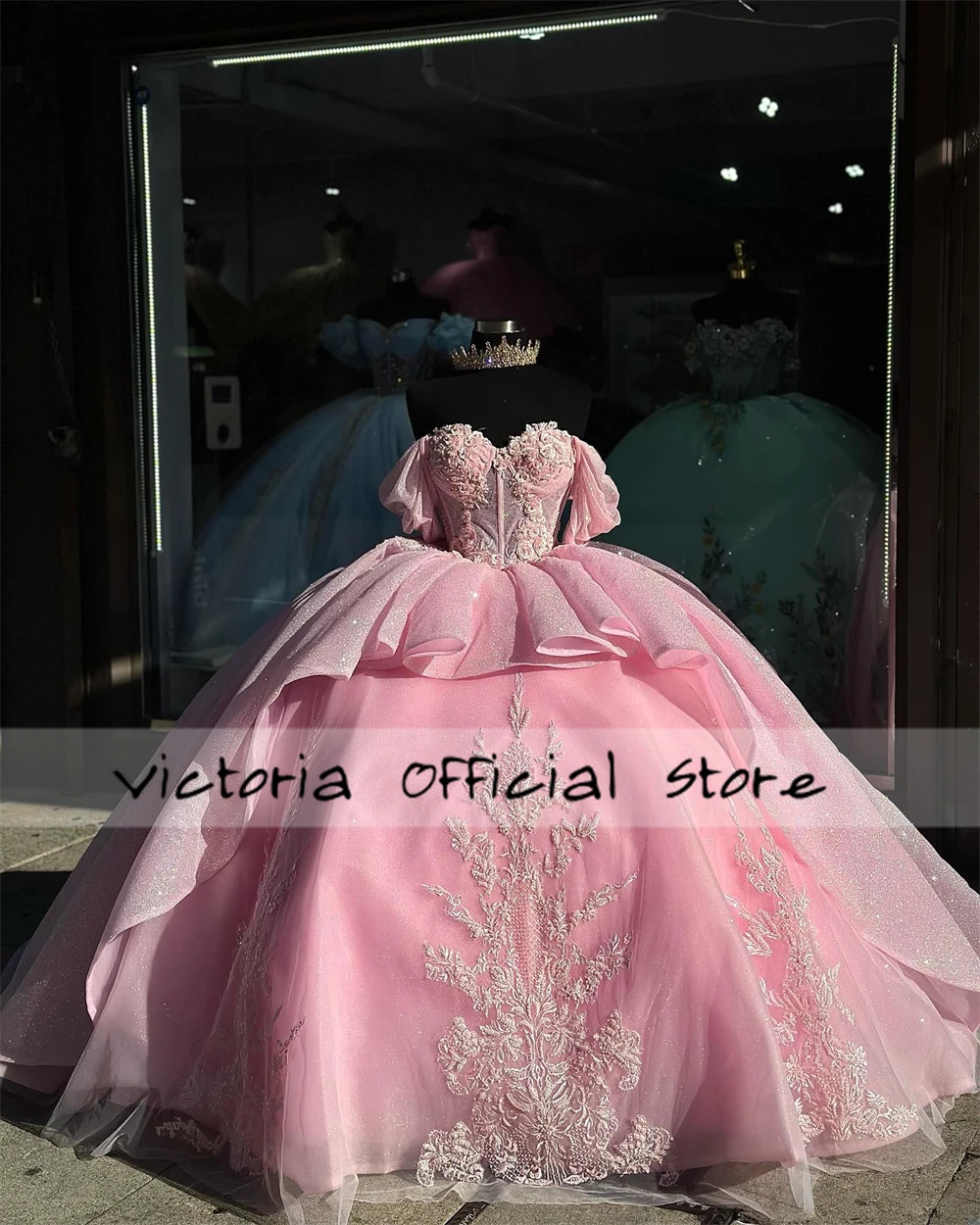 Fascinating Pink Lace Off The Shoulder Quinceanera Dresses Ball Gown Birthday Lace Up Sweet 15 16 Dress vestido de quinceañera