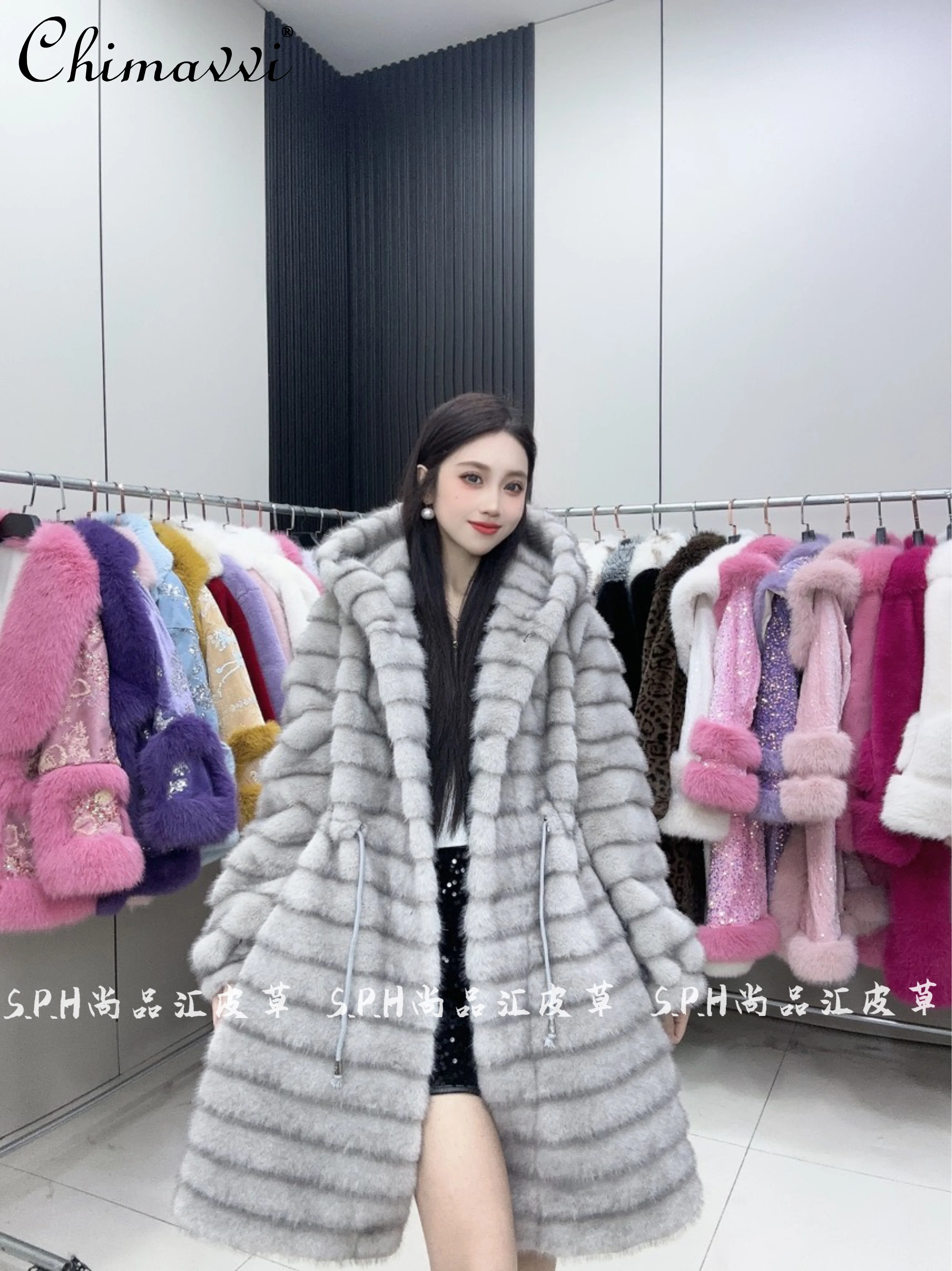 Hooded Gradient Mid-length Waist Winter Women's Fur Coat High-end Fashion Long-sleeved Warm Temperament Slim Female Fur Jackets