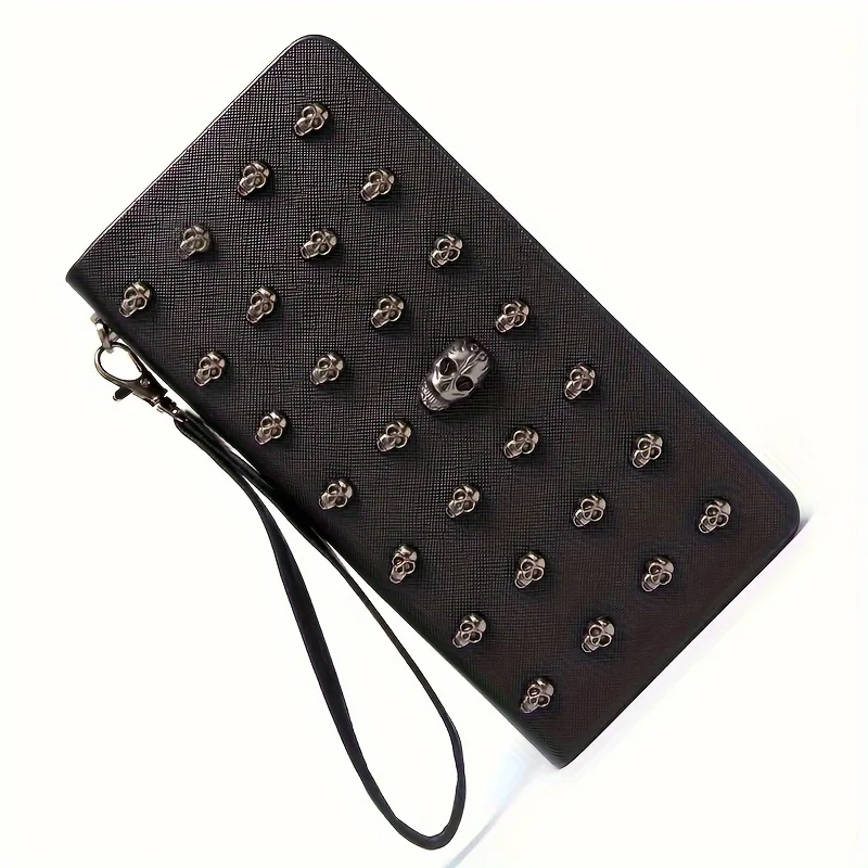 Portafoglio da donna con teschio in metallo alla moda, pochette lunga Punk, portafogli da donna di grande capacità, custodia per cellulare con porta