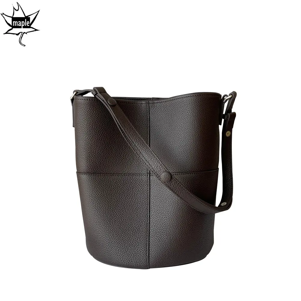 

Janpan Simple Style Coffee Plain Color Bucket Tote Bag Leisure 100% Full Grain Cowhide Leather Women Shoulder Bag Dropshipping