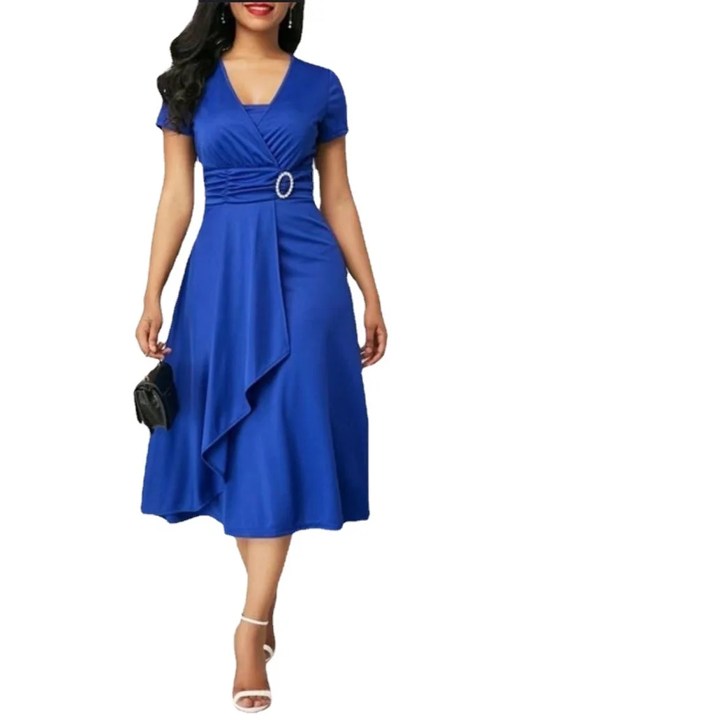 Female Dress Summer Short Sleeve Elegant Luxury Woman Party Midi Dress with Belt Ruffle Trim Clothing