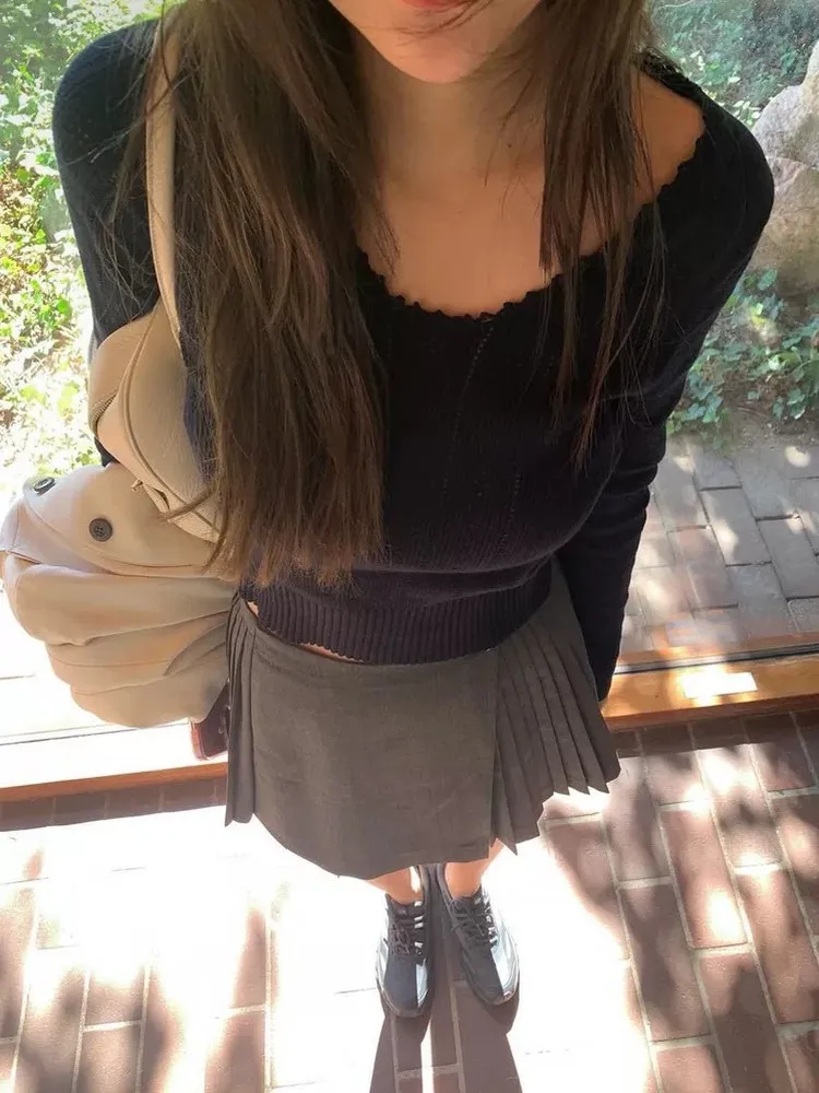 

Dongdaemun Tannat Sweet Ele Slim Fit с кружевным воротником, длинный вязаный топ све, женский осенний хлопковый мягкий дышащий топ