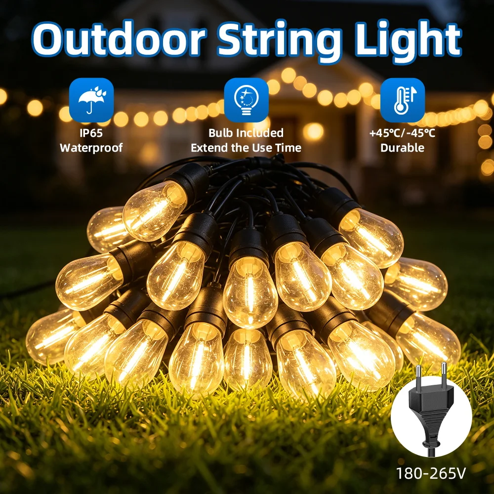220V EU Plug IP65 Waterproof LED Festoon String Lights 10/15/20/30M  Warm White Garland Bulb Fairy Light Outdoor Lighting