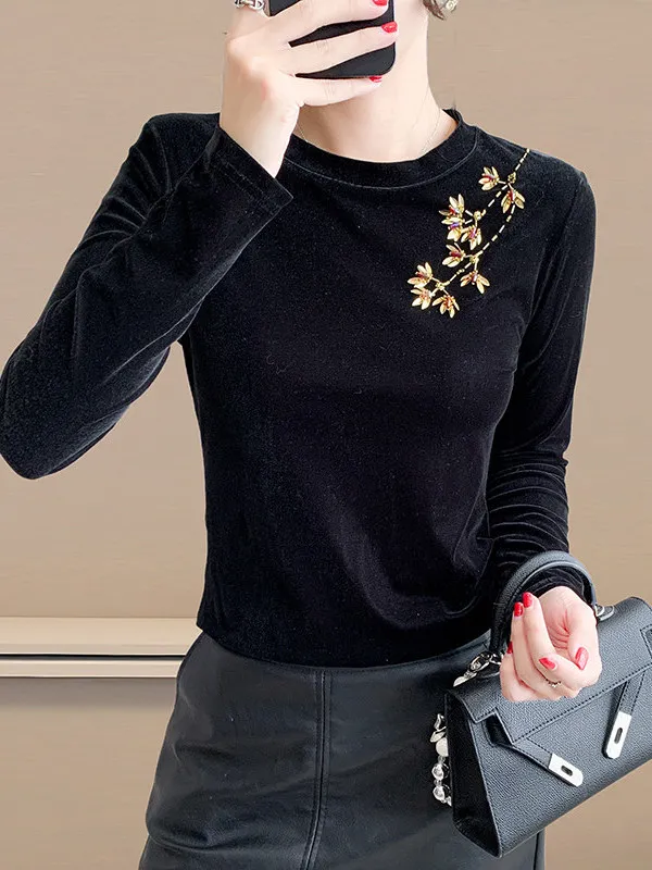 Slim Fit Fashionable Base Shirt Autumn Winter Women's High-End Sensation Chinese Style Top Pearl Embellished Traditional Style