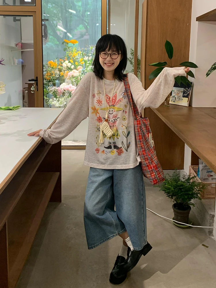 

Retro American Long Sve T-irt Women Summer New Loose Sun Protection Base Layer irt Creative Cartoon Print Casual Top