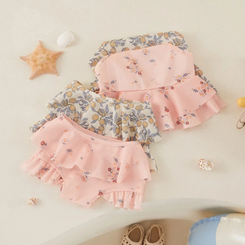 Tregren 3-24M Infant Baby Girls Swimwear Floral Lemon Print Frilly Tank Tops Shorts 2pcs Swimsuit Toddler Bathing Suit Beachwear