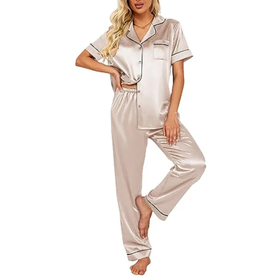 Silk Satin Pajamas Set Women Short Sleeve Sleepwear Soft Button Down Loungewear Pjs Set