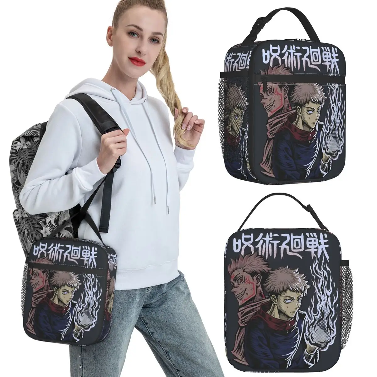 0 اليابانية Jujutsu Kaisened حقيبة الغداء للكبار أنيمي مخصص علب الاغذية Kawaii مكتب حقيبة للحفاظ على البرودة المحمولة أكسفورد حمل أكياس الغذاء