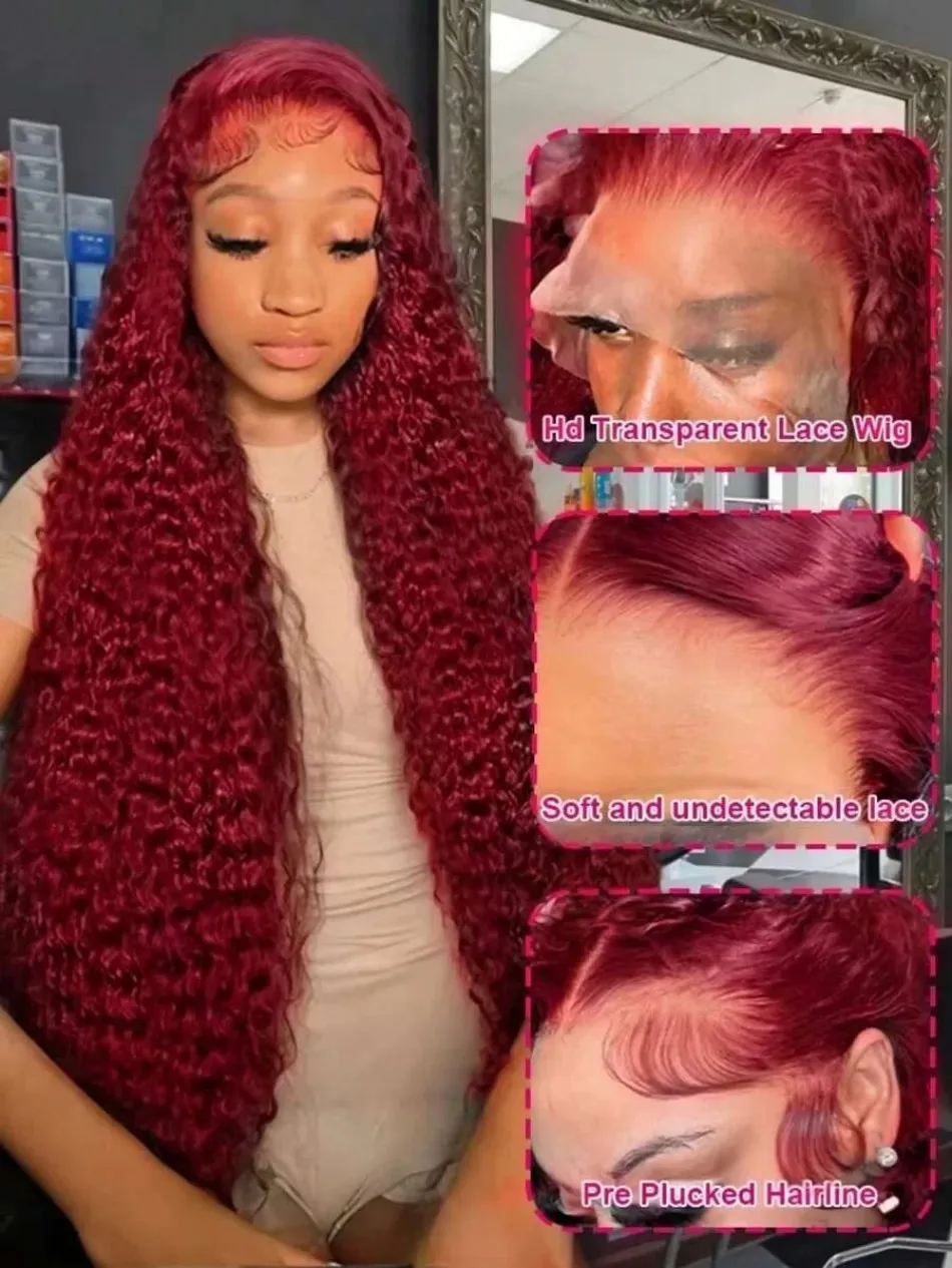 36Inch Curly Human Hair Wigs 99J Burgundy Deep Wave Lace Front Wig 13X4 13X6 Hd Lace Frontal Wig 260 Density Water Wave Pre Plucked Brazilian Hair
