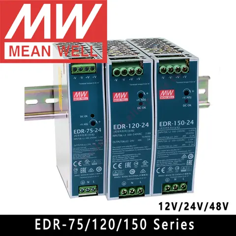 Média Well-EDR-75 120 150 séries Meanwell, 12V 24V 48V DC, 75W 120W 150W, saída única, DIN RAIL industrial, fonte de alimentação