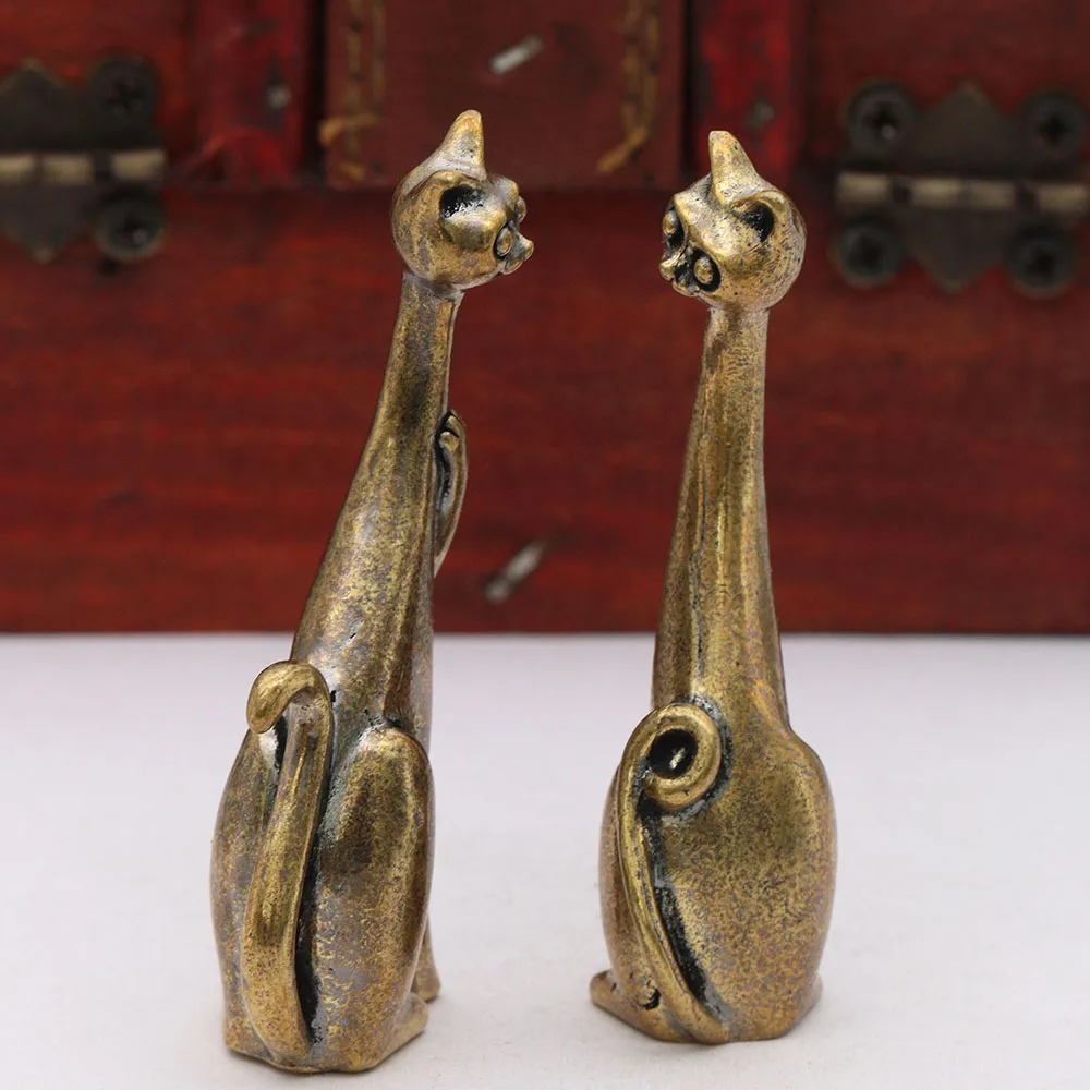 2 Styles Brass Modern Long Neck Cat Figurines Cute Desktop Ornament Retro Animal Small Statue Home Decoration Crafts Accessories