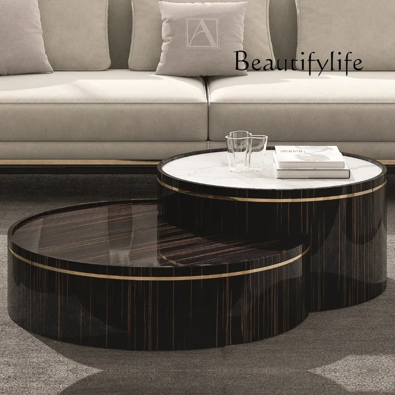 Modern Light Luxury Creative round Blackwood Tea Table Hong Kong Style Living Room Combination Marble Tea Table