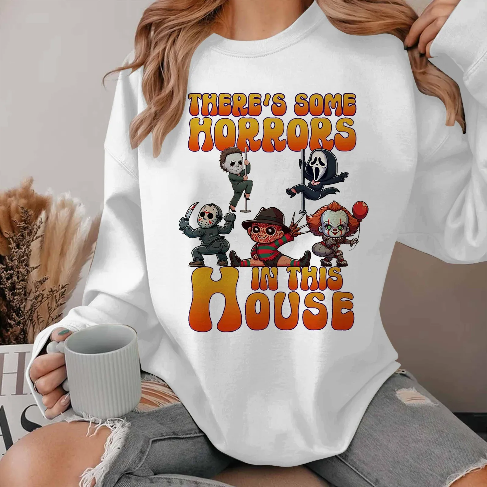 

There‘s Some Horrors In This House Hoodless Sweatshirt Halloween Pattern Sweatshirt Long Sleeved Hoodless Pullover For Gifts