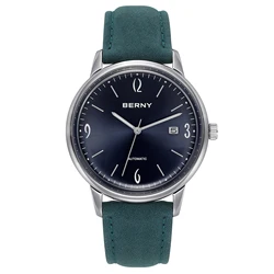 Relojes automáticos BERNY para hombre Starlight luminoso fácil lectura reloj mecánico calendario impermeable gamuza cuero reloj de pulsera para hombre