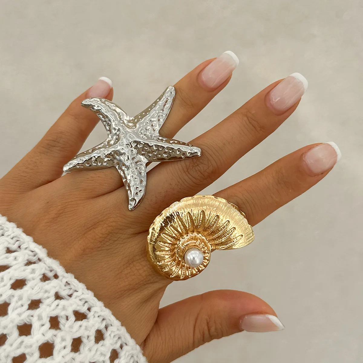 Seabeach Gold Color Starfish Conch Ring for Women New Fashion Large Pearl Shell Finger Rings Jewelry Summer Personality Gifts