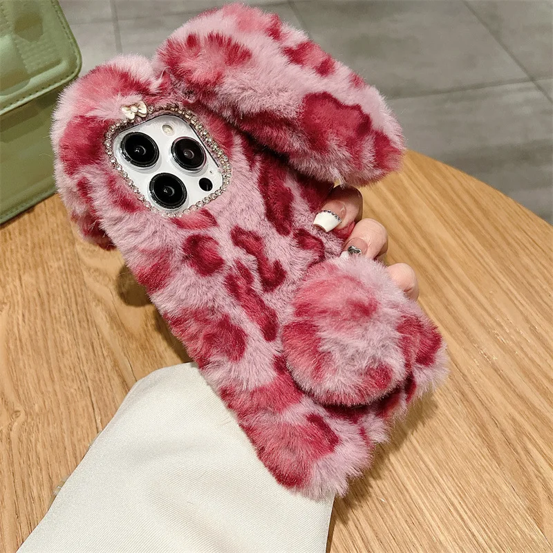 لطيف الكرتون ليوبارد طباعة الأرنب الفراء أفخم جراب هاتف آيفون 17 الهواء 16 13 12 11 برو ماكس XS XR X 7 8 زائد غطاء مقاوم للصدمات #2
