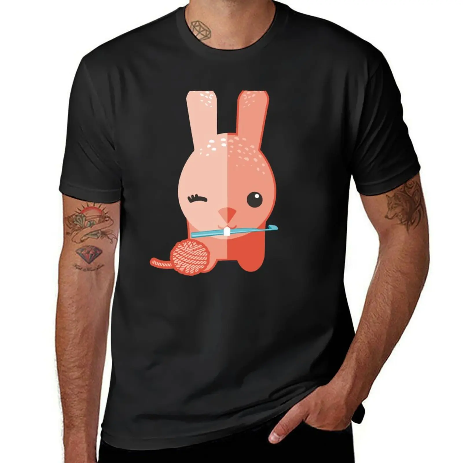 Cute winking bunny rabbit ball of yarn crochet hook T-shirt tees anime anime clothes mens graphic t-shirts hip hop