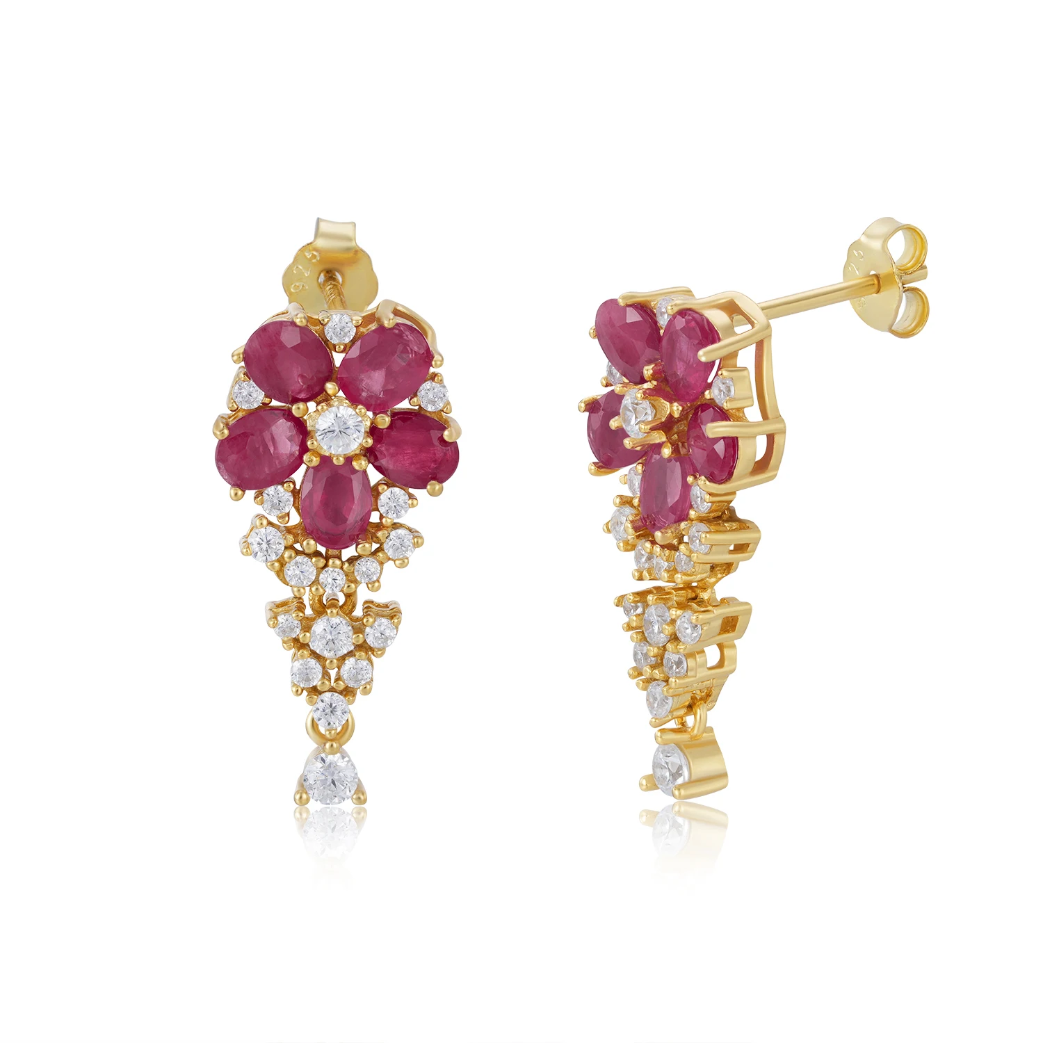 

YBO Wholesale Natural Gemstone Ruby Emerald Inlay 18K Gold Plating 925 Sterling Silver Flower Drop Earrings Women