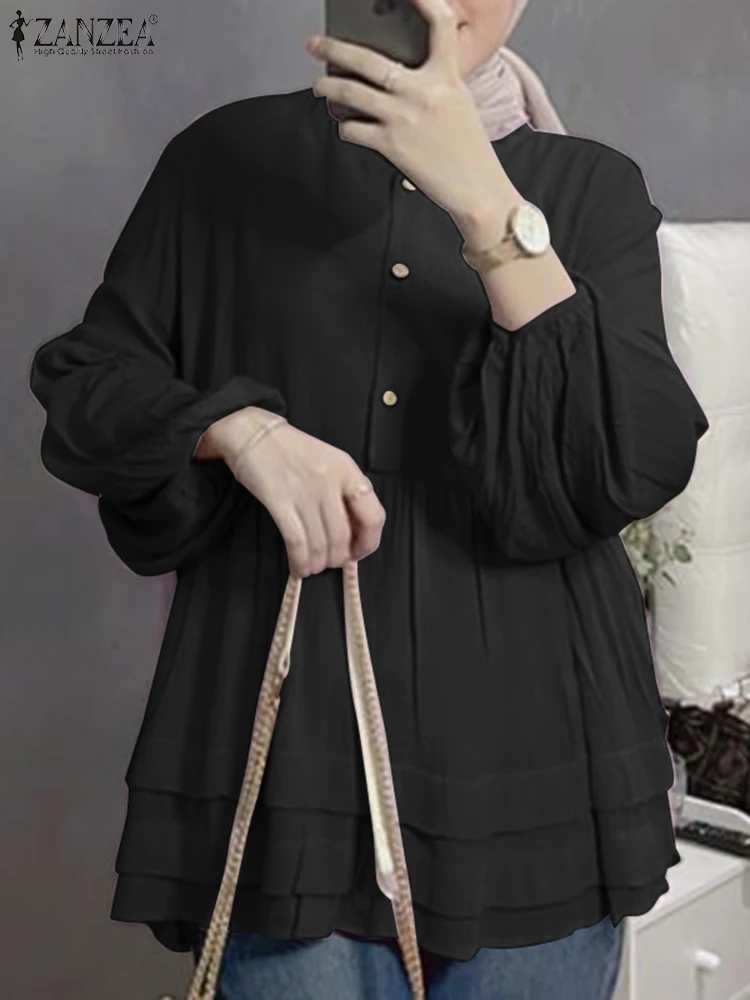 ZANZEA Elegant Women Blouse Muslim Solid Tops Autumn Fashion Long Sleeve Shirt Turkey Dubai Blouses Ramadan Abaya IsIamic Blusas