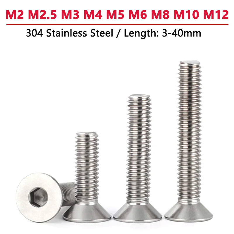 

1-30pcs DIN7991 M2 M2.5 M3 M4 M5 M6 M8 M10 M12 A2 304 Stainless Steel Allen Hexagon Hex Socket Flat Countersunk Head Screw Bolt