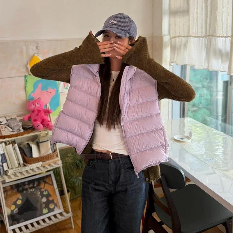Autumn Winter Stand Collar Pork Rib Style Down Vest Female Drawstring Sleeveless Waistcoat Women White Duck Down Warm Slim Vest