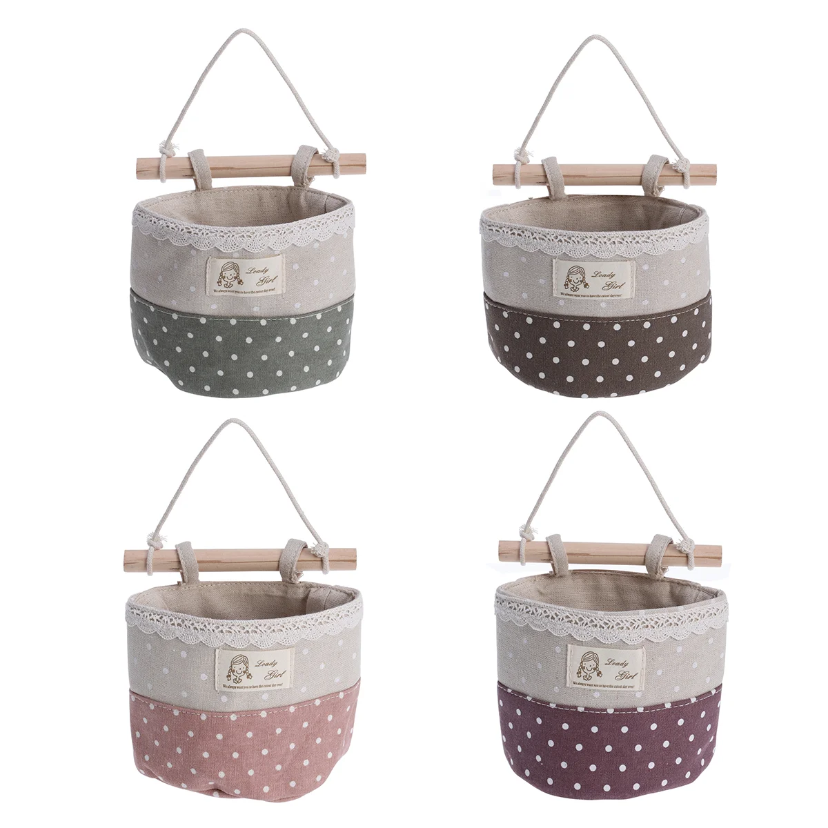 4pcs Wall Hanging Organizer Bag Lace Trim Wall Storage Container Bags (Purple & Green & Coffee & Pink)