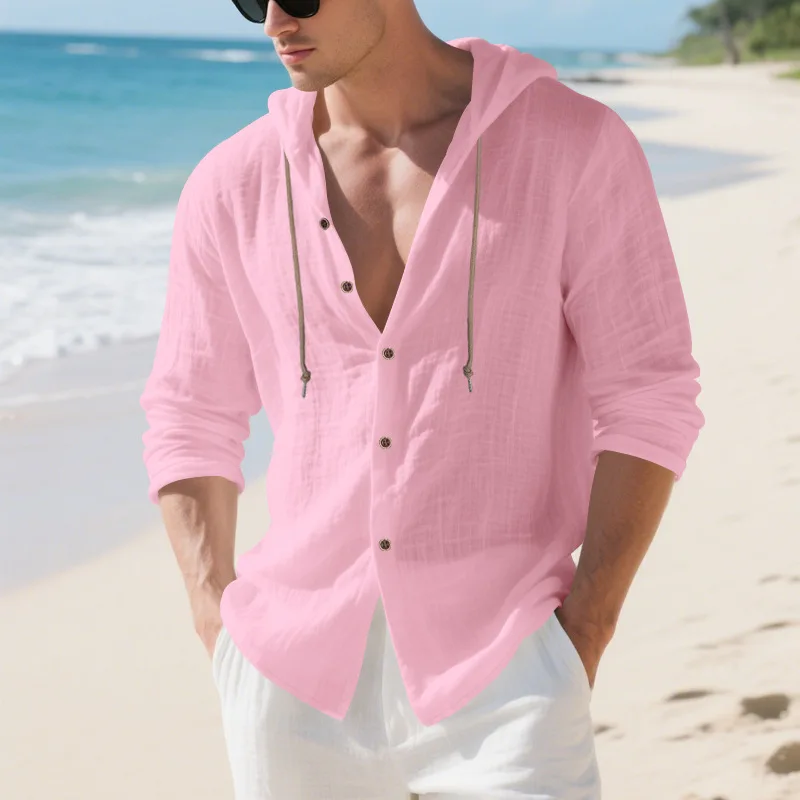 American autumn new loose linen shirt men's long-sleeved European and American trends ins beach casual hooded cardigan