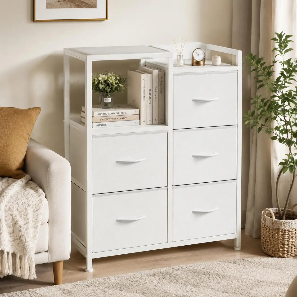 Sweetcrispy Sturdy Wood 5-Drawer Fabric Armoire Storage Cabinet - 2-Tier Shelf, Protective Pads, Modern Apartment Bedroom Dresser, Room Decor, Bedroom Storage, Shelves with Drawer Furniture, Requires Assembly